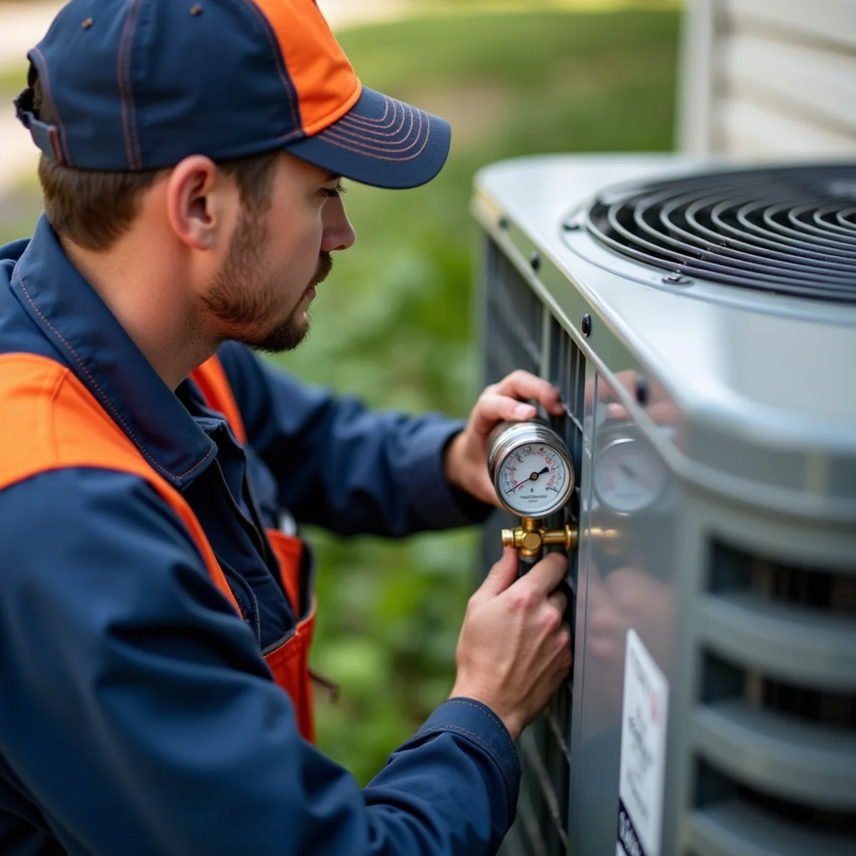 HVAC technician checking air conditioner refrigerant levels with gauges for a low-charge leak