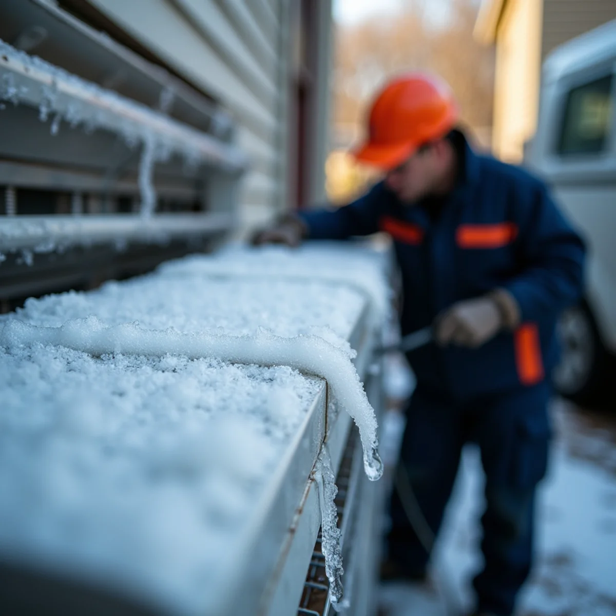 Ice buildup on a frozen air conditioner evaporator coil blocking airflow