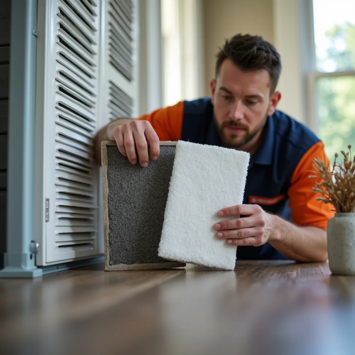 Homeowner holding a clogged dirty HVAC air filter next to a clean replacement