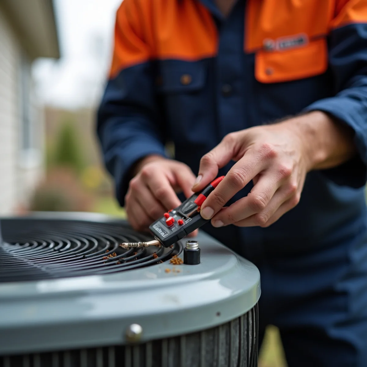 HVAC technician testing a failed AC capacitor in an outdoor condenser unit
