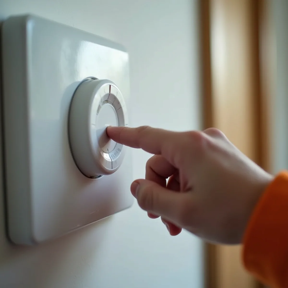 Homeowner adjusting a wall thermostat set to cool and auto fan mode