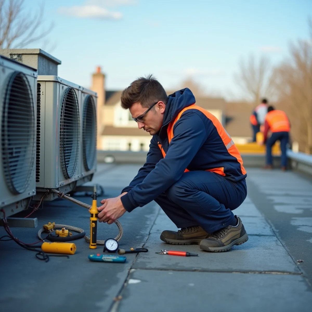 Technician servicing commercial rooftop HVAC units on a Maryland building