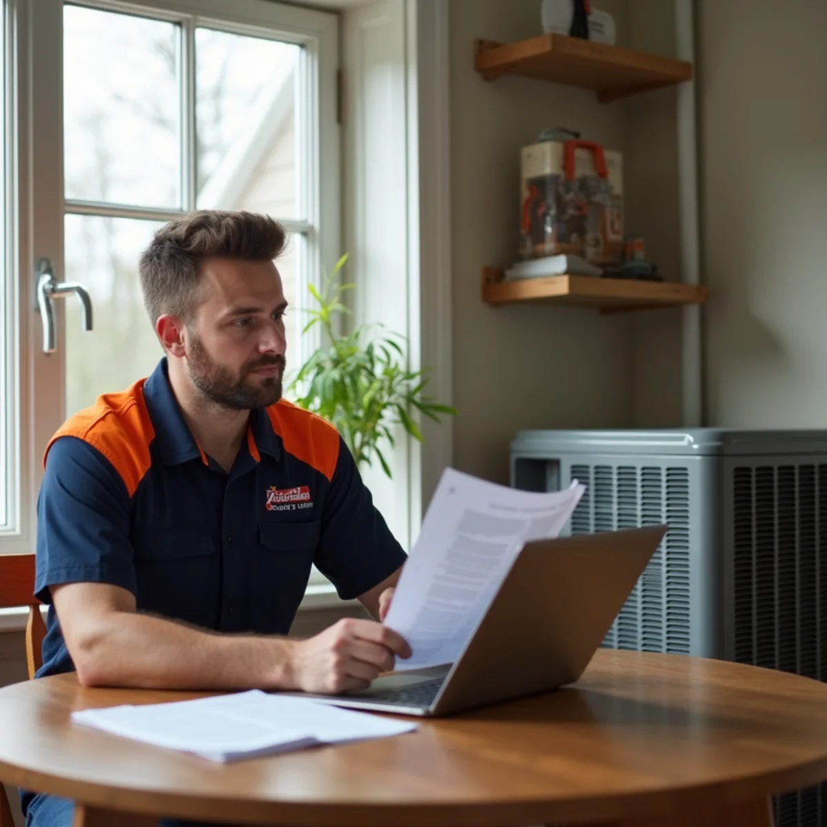 Homeowner reviewing an insurance policy at a kitchen table