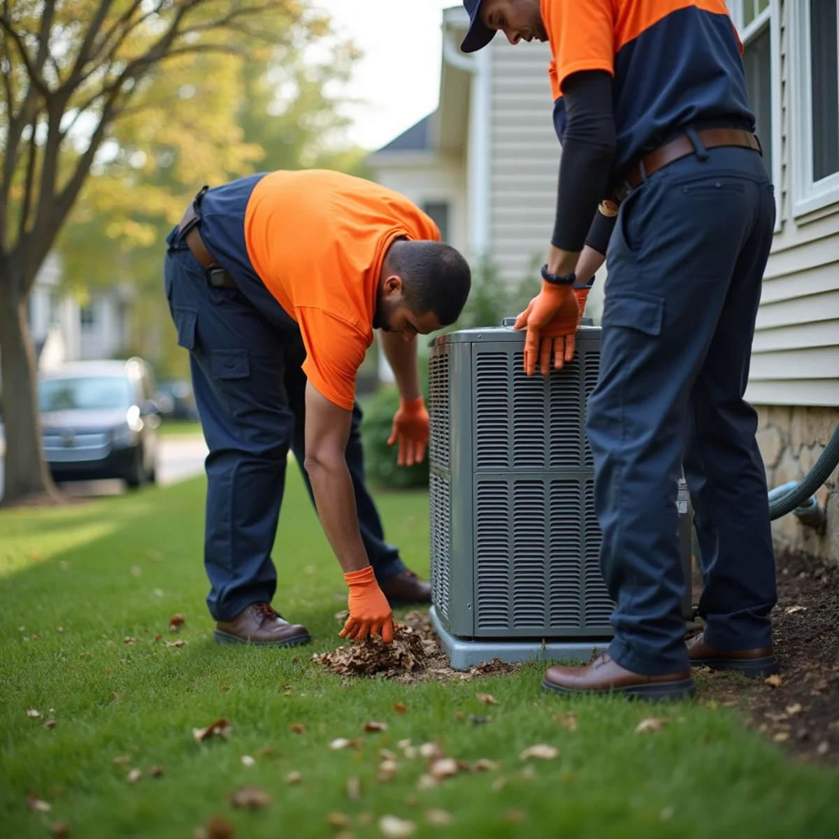 Clearing leaves and debris from around an outdoor AC condenser