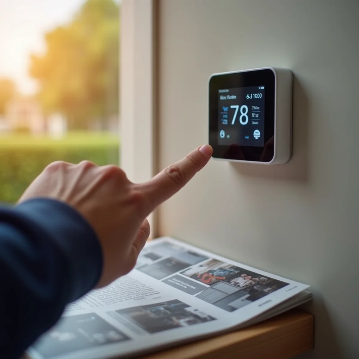 Programmable smart thermostat on a home wall