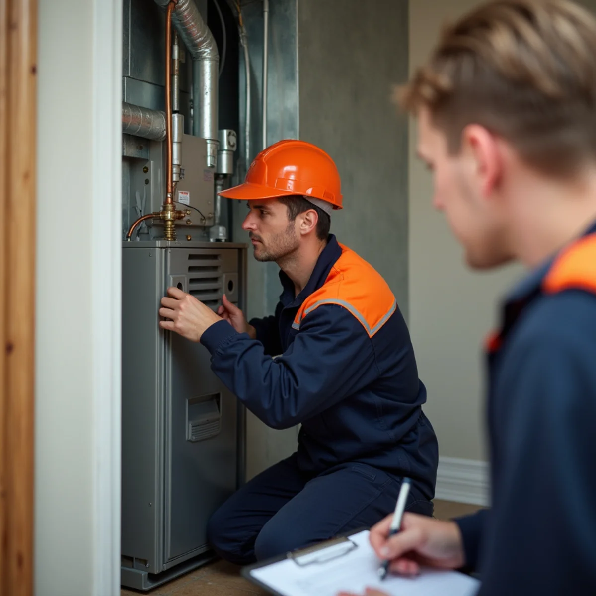 Technician installing a high-efficiency gas furnace in a Maryland home