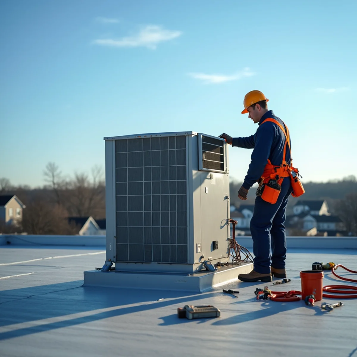 P&Y technician servicing a commercial rooftop HVAC unit in Gaithersburg MD