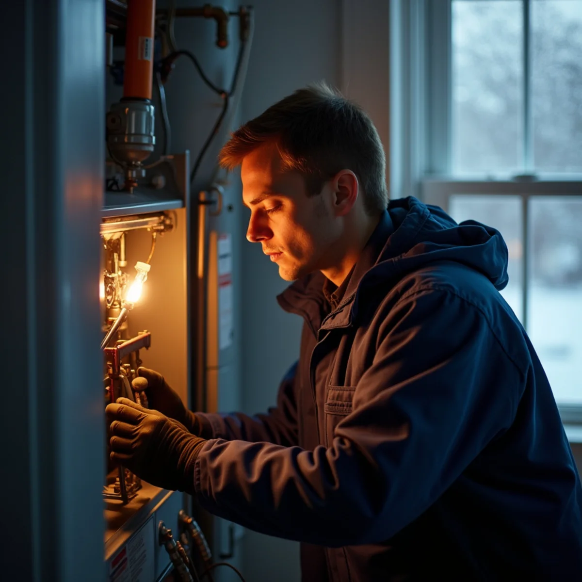 P&Y technician performing an emergency furnace repair on a cold night in Gaithersburg MD