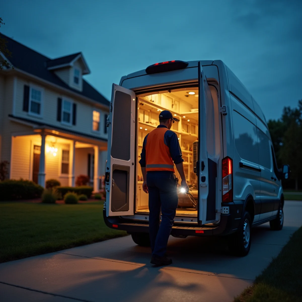 P&Y emergency HVAC technician arriving at a Gaithersburg MD home at night
