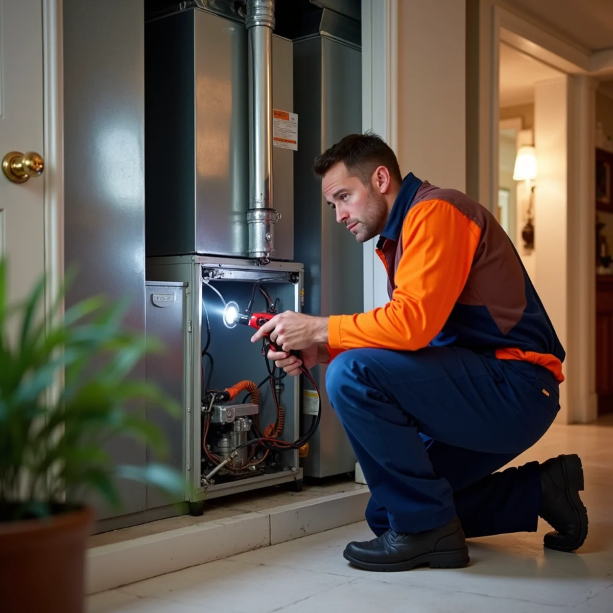 P&Y technician inspecting a gas furnace in a Gaithersburg MD basement